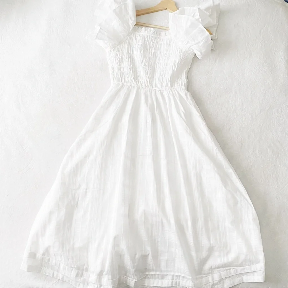 Banana Republic White Smocked Chest Fit & Flare Dress with Ruffle Sleeves - Picture 9 of 12